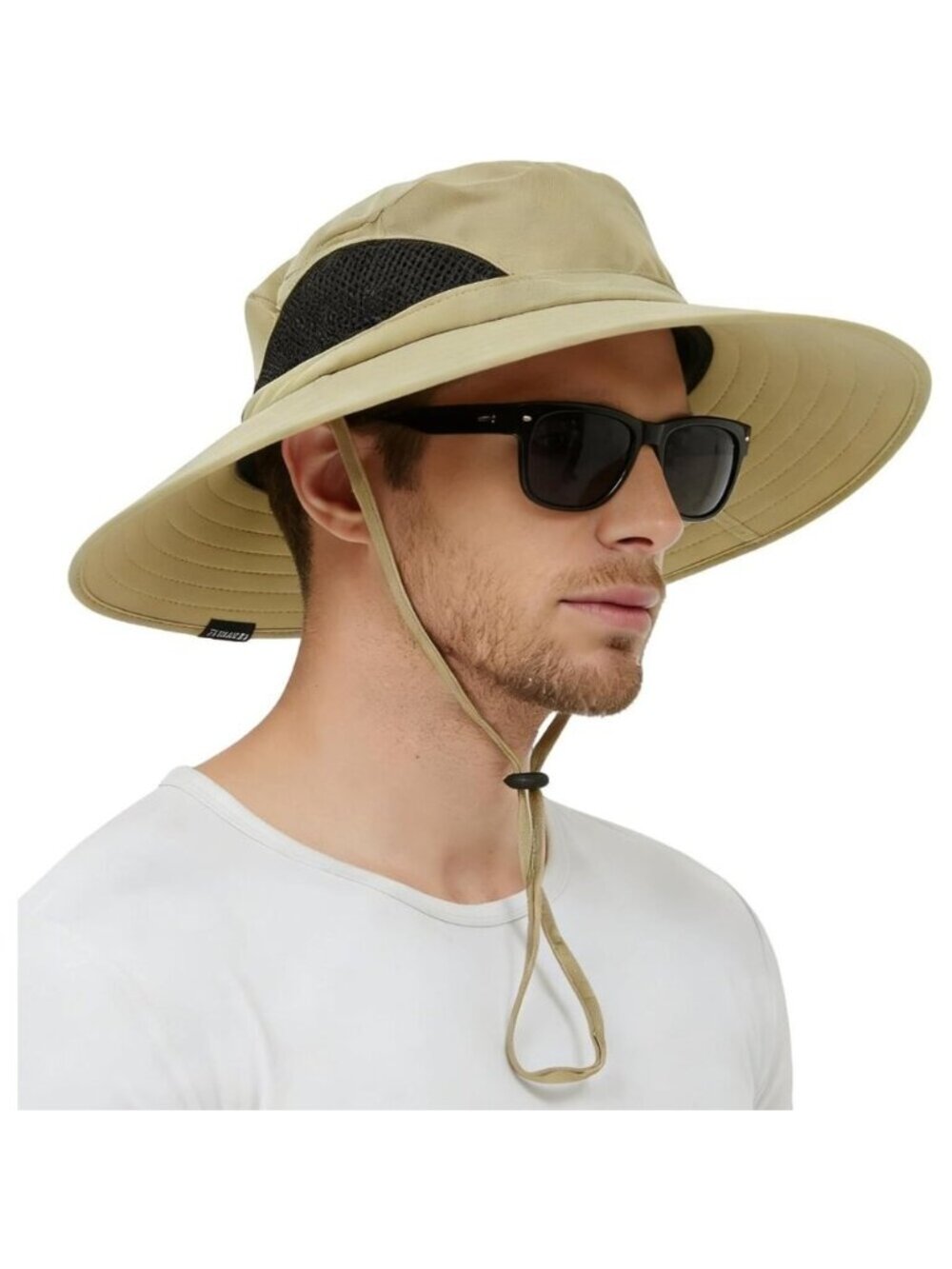 Unisex Khaki 100% Polyester Wide Brim Mesh Vents With Chin Strap Fishing Sun Hat